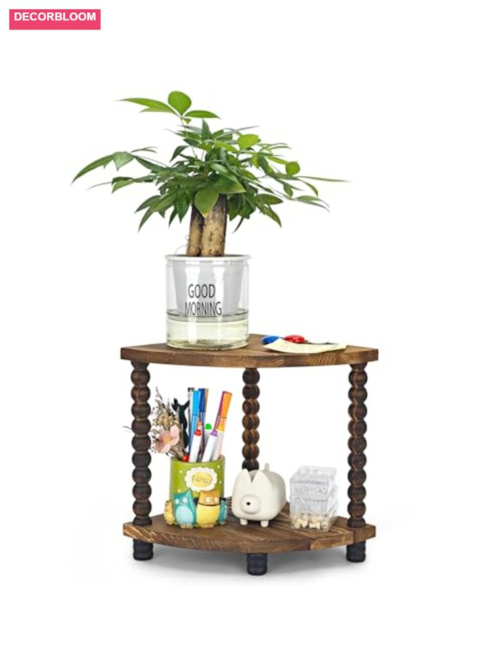 2 Tier Triangle Corner Shelf Rustic Wooden Organizer Space Saving